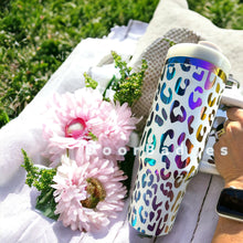 Load image into Gallery viewer, 40oz Cheetah Engraved Rainbow Tumblers Full Wrap with handle and straw