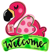 Load image into Gallery viewer, Flamingo door hanger - Summer door decor - hand painted personalized door hanger - DoorBadges