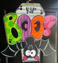 Load image into Gallery viewer, Halloween Boo Bat and Casket Door Hanger - Spooky-Fall-Wreath-wood cut out-hand painted door hanger - DoorBadges