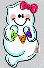 Load image into Gallery viewer, Halloween Ghost with Boo Banner Door Hanger- Ghost Door Decor-Spooky-Fall-Wreath-wood cut out-hand painted door hanger - DoorBadges