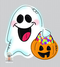 Load image into Gallery viewer, Halloween Ghost with Candy Door Hanger- Ghost Door Decor-Spooky-Fall-Wreath-wood cut out-hand painted door hanger - DoorBadges