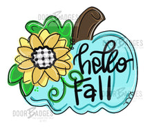 Load image into Gallery viewer, Hello Fall Pumpkin Door Hanger - Fall - Autumn - harvest - Thanksgiving -  pumpkin - thankful - cut out hand painted door hanger - DoorBadges