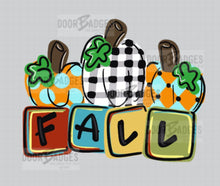 Load image into Gallery viewer, Fall Three Pumpkin Door Hanger - Fall - Autumn - harvest - Thanksgiving -  pumpkin - cut out hand painted door hanger - DoorBadges