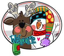 Load image into Gallery viewer, Reindeer and Santa door hanger, Winter Christmas Snow wood cut out hand painted door hanger - DoorBadges