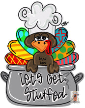 Load image into Gallery viewer, Turkey in a Pot Door Hanger - Fall - Autumn - harvest - Thanksgiving - wood cut out hand painted door hanger - DoorBadges