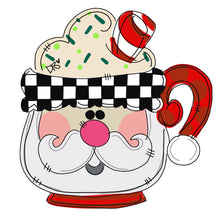 Load image into Gallery viewer, Santa Mug door hanger, Winter Christmas Snow wood cut out hand painted door hanger - DoorBadges