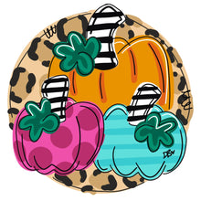 Load image into Gallery viewer, Funky Fall Pumpkin Trio Door Hanger - Leopard - Fall - Autumn - harvest - Thanksgiving -  pumpkin - thankful - cut out hand painted door hanger - DoorBadges