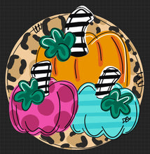 Load image into Gallery viewer, Funky Fall Pumpkin Trio Door Hanger - Leopard - Fall - Autumn - harvest - Thanksgiving -  pumpkin - thankful - cut out hand painted door hanger - DoorBadges