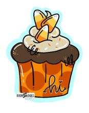 Load image into Gallery viewer, Fall Candy Corn Cupcake Door Hanger - Sunflowers- Fall - Autumn - harvest - Thanksgiving -  pumpkin - thankful - cut out hand painted door hanger - DoorBadges