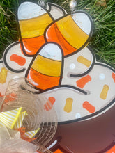 Load image into Gallery viewer, Fall Candy Corn Cupcake Door Hanger - Sunflowers- Fall - Autumn - harvest - Thanksgiving -  pumpkin - thankful - cut out hand painted door hanger - DoorBadges