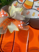 Load image into Gallery viewer, Fall Candy Corn Cupcake Door Hanger - Sunflowers- Fall - Autumn - harvest - Thanksgiving -  pumpkin - thankful - cut out hand painted door hanger - DoorBadges