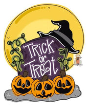 Load image into Gallery viewer, Trick or Treat Tombstone Door Hanger- Ghost Door Decor-Spooky-Fall-Wreath-wood cut out-hand painted door hanger - DoorBadges