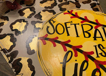 Load image into Gallery viewer, Home Plate Baseball/Softball with Leopard Print Door Hanger - DoorBadges