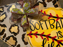 Load image into Gallery viewer, Home Plate Baseball/Softball with Leopard Print Door Hanger - DoorBadges