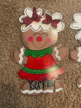 Load image into Gallery viewer, Gingerbread Girl door hanger, Winter Christmas wood cut out hand painted door hanger - DoorBadges