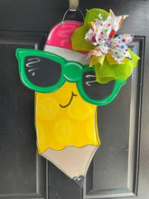 Load image into Gallery viewer, School Pencil and sunglasses and polka dot back to school teacher gift wood cut out hand painted door hanger - DoorBadges
