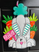 Load image into Gallery viewer, Easter Bunny with Carrots and Sign Door Hanger - Easter door Decor - Bunny wreath - hand painted personalized door hanger
