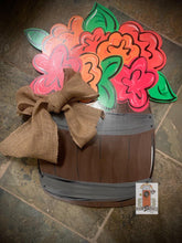 Load image into Gallery viewer, Flowers in Barrel door hanger, spring - summer flower wood cut out hand painted door hanger - DoorBadges