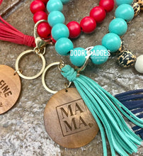 Load image into Gallery viewer, Wood/Silicone Bead Stretchy Keychain with Tassel and Engraved Charm | Custom Personalized Keychain | Bracelet Keychain Wristlet | Stocking Stuffer - DoorBadges
