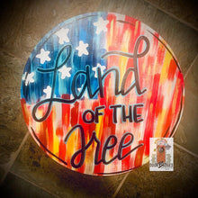 Load image into Gallery viewer, Land of the Free Fourth of July Door Hanger - Patriotic door Decor - hand painted personalized door hanger - DoorBadges