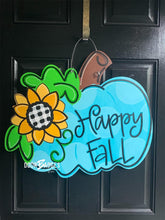 Load image into Gallery viewer, Hello Fall Pumpkin Door Hanger - Fall - Autumn - harvest - Thanksgiving -  pumpkin - thankful - cut out hand painted door hanger - DoorBadges