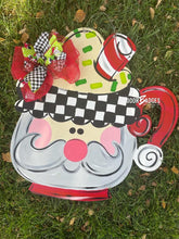 Load image into Gallery viewer, Santa Mug door hanger, Winter Christmas Snow wood cut out hand painted door hanger - DoorBadges