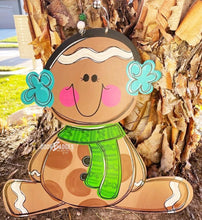 Load image into Gallery viewer, Gingerbread with Ear Muffs door hanger, Winter Christmas wood cut out hand painted door hanger - DoorBadges