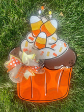 Load image into Gallery viewer, Fall Candy Corn Cupcake Door Hanger - Sunflowers- Fall - Autumn - harvest - Thanksgiving -  pumpkin - thankful - cut out hand painted door hanger - DoorBadges