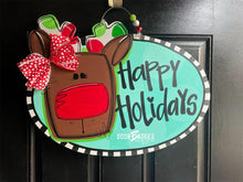 Load image into Gallery viewer, Reindeer Oval Winter Door Hanger - Red Nosed Reindeer Winter Door Decoration - DoorBadges