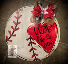 Load image into Gallery viewer, Distressed Baseball/Softball with Heart Door Hanger - DoorBadges