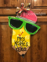 Load image into Gallery viewer, School Pencil and sunglasses and polka dot back to school teacher gift wood cut out hand painted door hanger - DoorBadges