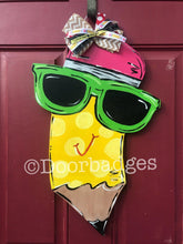 Load image into Gallery viewer, School Pencil and sunglasses and polka dot back to school teacher gift wood cut out hand painted door hanger - DoorBadges