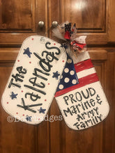 Load image into Gallery viewer, Military - Dogtags - Flag -USA wood cut out hand painted door hanger - DoorBadges
