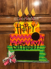 Load image into Gallery viewer, Happy Birthday - Tiered Cake - Chalkboard - Bright colors - wood cut out hand painted door hanger - DoorBadges