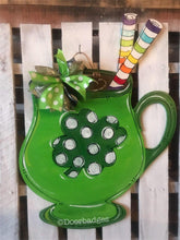 Load image into Gallery viewer, St Patrick's Day Door Hanger - shamrock mug door Decor - st pats wreath - st patty hand painted personalized door hanger - DoorBadges