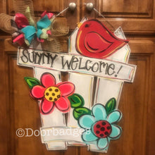 Load image into Gallery viewer, Spring Fence Flower door hanger, farmhouse fence, - DoorBadges