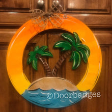 Load image into Gallery viewer, Palm tree summer Door Hanger - beach door Decor - pool wreath - tropical - hand painted personalized door hanger - DoorBadges