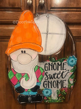 Load image into Gallery viewer, Spring Gnome Door Hanger - Home Sweet Home door Decor - Gnome Flowers wreath - Summer hand painted personalized door hanger - DoorBadges