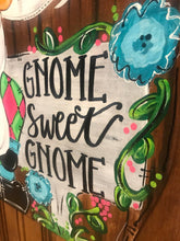 Load image into Gallery viewer, Spring Gnome Door Hanger - Home Sweet Home door Decor - Gnome Flowers wreath - Summer hand painted personalized door hanger - DoorBadges