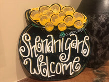 Load image into Gallery viewer, St Patrick's Day Door Hanger - pot of gold door Decor - st pats wreath - st patty hand painted personalized door hanger - DoorBadges