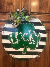 Load image into Gallery viewer, St Patrick's Day Door Hanger - lucky shamrock door Decor - st pats wreath - st patty hand painted personalized door hanger - DoorBadges
