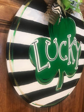 Load image into Gallery viewer, St Patrick's Day Door Hanger - lucky shamrock door Decor - st pats wreath - st patty hand painted personalized door hanger - DoorBadges