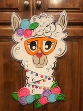 Load image into Gallery viewer, Llama door hanger, alpaca door decor, llama wreath - spring - summer doorhanger, flowers door hanger, hand painted - DoorBadges
