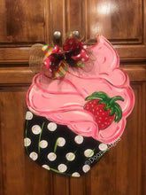 Load image into Gallery viewer, Summer Door Hanger - Cupcake door Decor - summer wreath - Strawberry hand painted personalized door hanger - DoorBadges