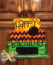 Load image into Gallery viewer, Happy Birthday - Tiered Cake - Chalkboard - Bright colors - wood cut out hand painted door hanger - DoorBadges