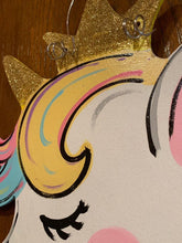 Load image into Gallery viewer, Unicorn door hanger, Hair Bow Holder, Baby Girl Announcement, Baby gift, hand painted door hanger - DoorBadges