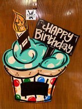 Load image into Gallery viewer, Happy Birthday Decor- Cupcake Cake- Chalkboard - Bright colors - Teacher gift - wood cut out hand painted door hanger - DoorBadges