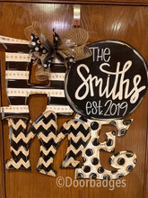 Load image into Gallery viewer, Black & Gold Home wood cut out hand painted door hanger - DoorBadges