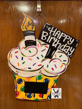 Load image into Gallery viewer, Happy Birthday Decor- Cupcake Cake- Chalkboard - Bright colors - Teacher gift - wood cut out hand painted door hanger - DoorBadges
