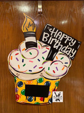 Load image into Gallery viewer, Happy Birthday Decor- Cupcake Cake- Chalkboard - Bright colors - Teacher gift - wood cut out hand painted door hanger - DoorBadges